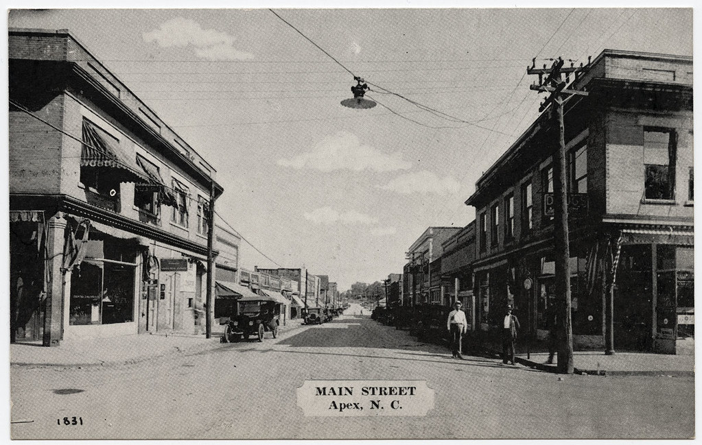 Historic postcard of Main Street in downtown Apex, North Carolina